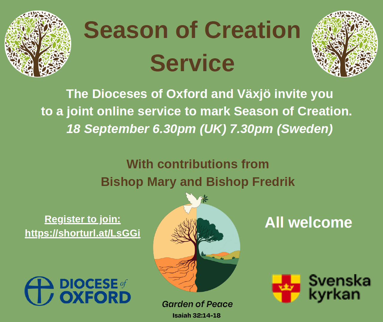 Season of Creation service.
The dioceses of Oxford and Vaxjo invite you to a joint online service to amrk the Season of Creation. 18 September 6.30pm. All welcome.